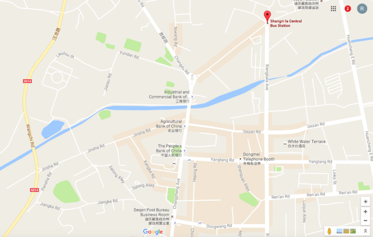 Mapa de Shangri-La com a estação de ônibus marcada