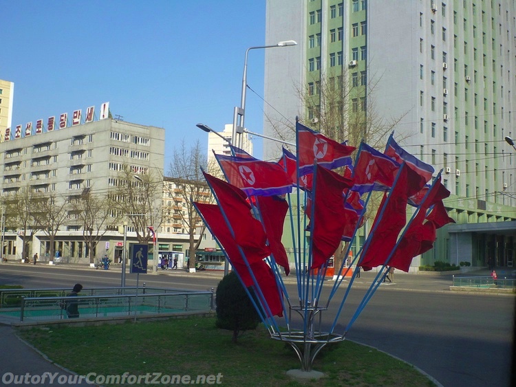 North Korea flags on street corner Pyongyang
