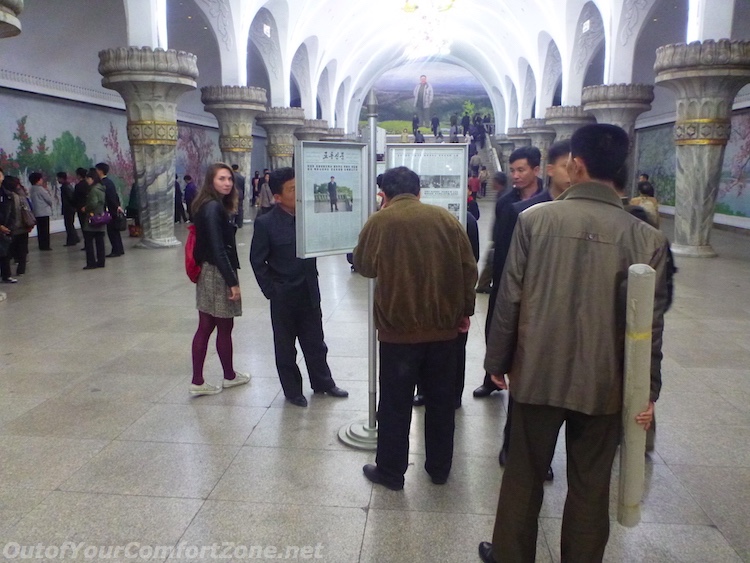 Western foreigner inside Pyongyng North Korea metro station