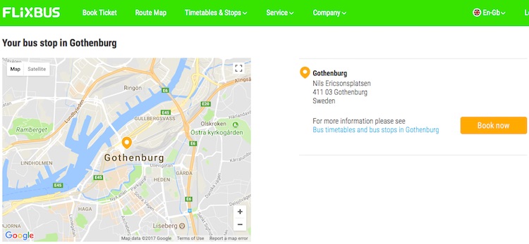 Flixbus pick up location in Gothenburg