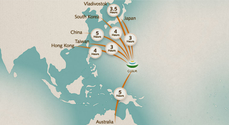 Guam flights distance map