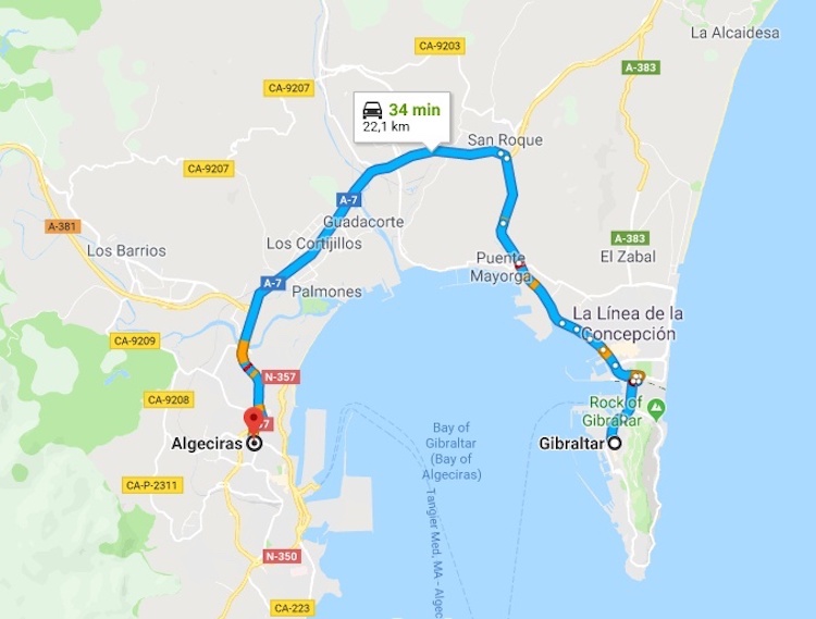 Map bus Algeciras to Gibraltar